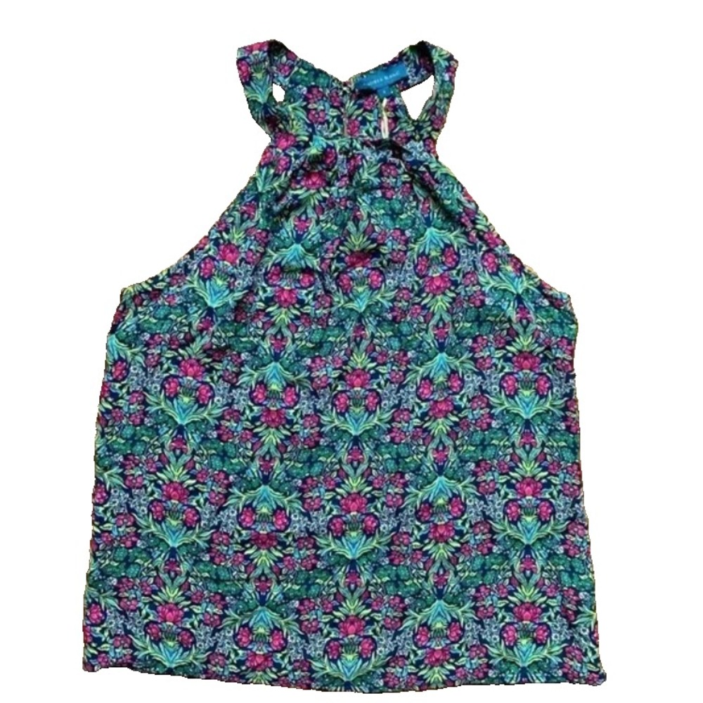 Antibes Blanc Floral‎ Sleeveless Halter Blouse Medium Bright Boho Print Top
